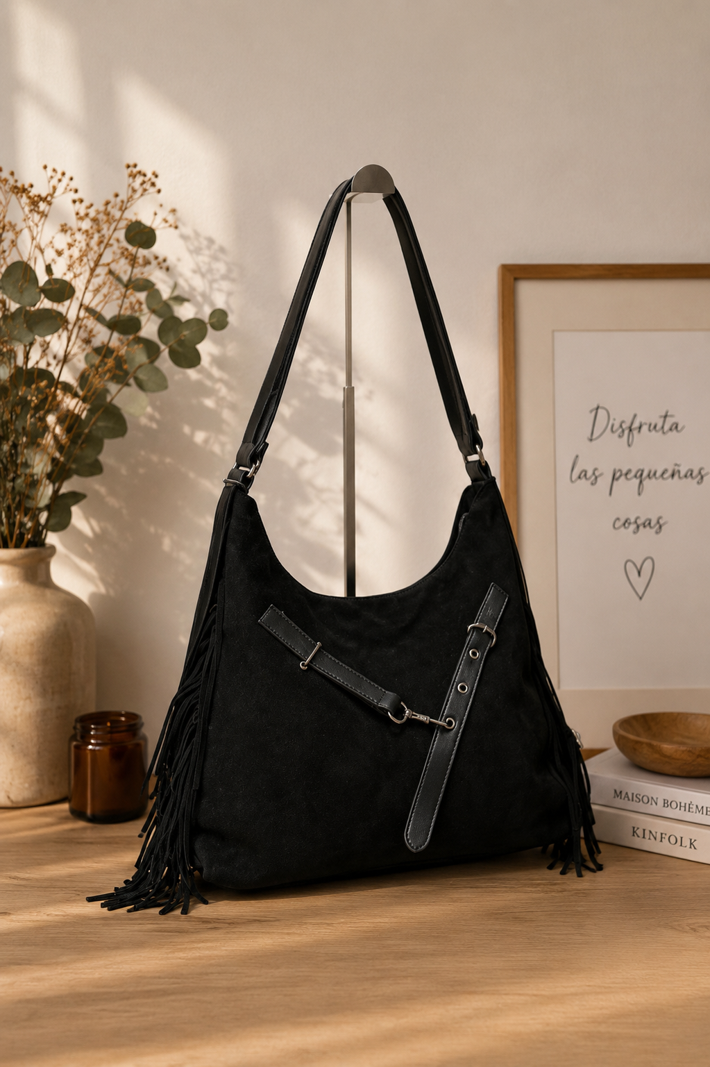 Cartera Boho Flecos Negra