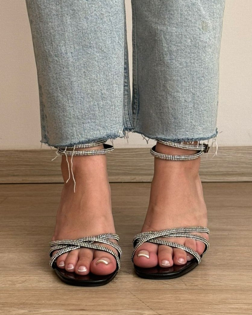 Sandalias Taco Alto Mujer con Tiras de Brillos